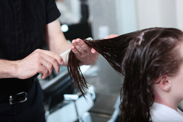 A beautiful young woman combs her hair in a beauty salon. Professional hair care procedures. The...