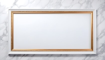 Huge white and wood empty frame on white marble wall 