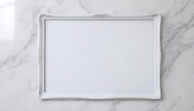 Big classic white empty frame on white marble wall background 