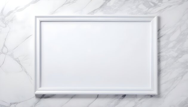 Neutral white empty frame on white marble wall 
