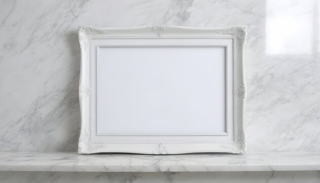 Classic white empty frame on white marble shelf and wall