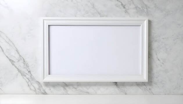 Large rectangular white frame, empty, white marble wall 