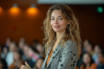 Fototapeta premium A businesswoman giving a motivational talk at a conference, inspiring others with her insights and experiences. Concept of motivational leadership. Generative Ai.