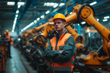 Worker with crossed arms in front of industrial robots in factory.