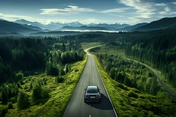 minimalistic design Aerial view green forest with car on the asphalt road,