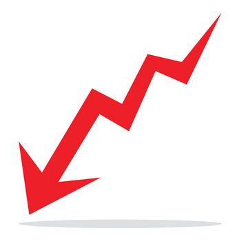 Graph going Down sign with red arrow vector. Flat design vector illustration concept of sales bar chart symbol icon with arrow moving down. logo, app, UI. graph chart downtrend symbol.