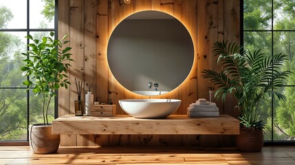 Interior Design of Modern Scandinavian Bathroom - Wall-Mounted Vanity with Ceramic Vessel Sink and Light Mirror