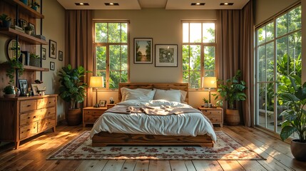 Wall Art Poster Frame - Farmhouse Interior Design of Modern Bedroom with Hardwood Floor