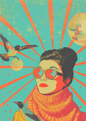Retro-Futuristic Woman in Sunglasses With Birds and Planets on a Colorful Background