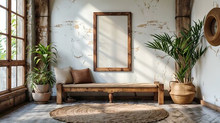 Mockup Poster Frame With Wooden Bench Against White Wall - Ethnic Farmhouse Interior Design of Modern Entrance Hall