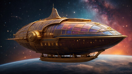 Fabulous fantasy spaceship against the backdrop of space and the planet.