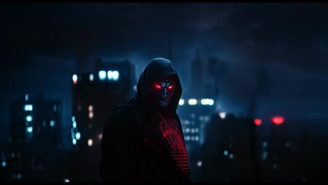 Evil skeleton robot in metal armor. Skull of futuristic evil cyborg in hood. Technology, robotics, artificial intelligence and future concept.