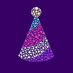 Mosaic-style party hat made of small triangles and circles on purple background