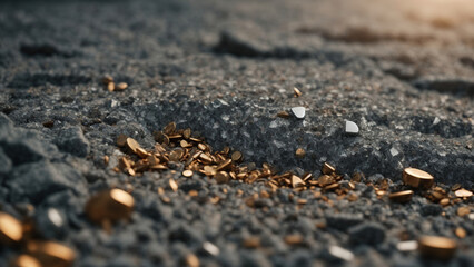 a scattering of gold nuggets in gray sand