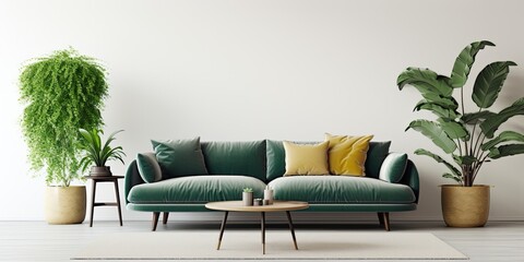 Modern home decor with a stylish Scandinavian living room featuring a green velvet sofa, coffee table, carpet, plants, and elegant accessories.