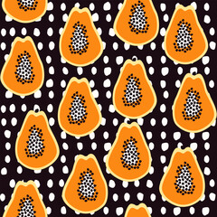 Exotic fruits pattern. Papaya background. Tropical seamless pattern with papaya fruits. Background with orange pawpaw. Exotic fruit backdrop for textile, digital paper, fabric, prints, decoration. 