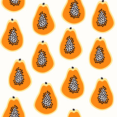 Exotic fruits pattern. Papaya background. Tropical seamless pattern with papaya fruits. Background with orange pawpaw. Exotic fruit backdrop for textile, digital paper, fabric, prints, decoration. 