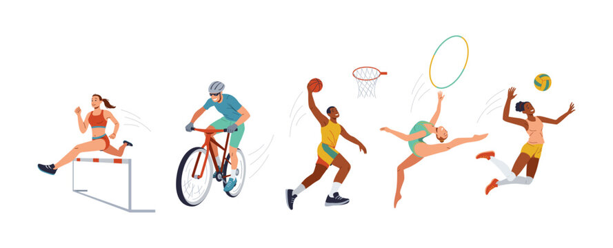 Professional sportspeople training color vector icon set. Strong athletes preparing for competition in summer illustration pack on white background