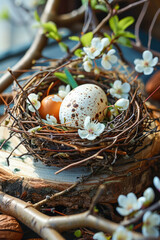 Obraz premium Easter composition with Easter eggs in nest on wooden board and blossom twigs around