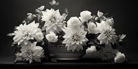 Monochrome flowers in a holder.