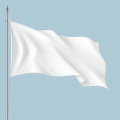White fabric flag waving in wind realistic vector illustration. Textile banner flattering on pole against sky 3d model on blue background. Mockup design