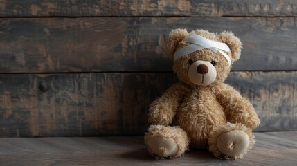 concept of child trauma recovery with a teddy bear wearing a bandage on its head, seated on a wooden background. This image speaks volumes about support, resilience, and the healing process