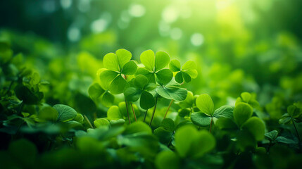 Green clover leaves background with three-leaved shamrocks, Lucky Irish Four Leaf Clover in Field for St. Patrick's Day holiday symbol and bokeh. St. Patrick's day holiday symbol, earth day.