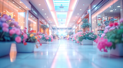Floral Walkway in Illuminated Mall. Flower pots line a brightly lit mall corridor. Festive decorations in modern mall.
