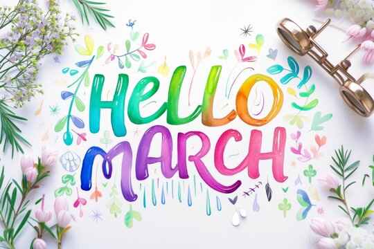 Floral Hello March Rainbow Text Generative AI