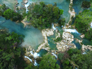 Cinematic aerial view of the waterfalls Agua Azul, Chiapas. Mexico landscape. Outdoors adventure...