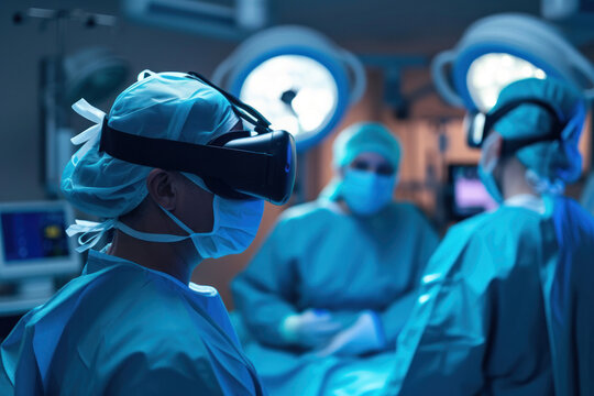 A surgeon immersed in the operating room, utilizing a VR headset for precision