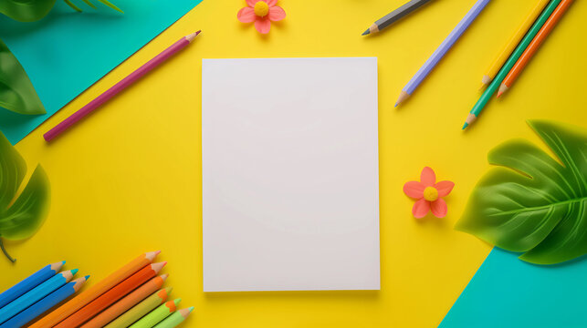 Blank Coloring Page Mockup with Colored Pencils. Top view. Early education, kindergarten, preschool, learn and play template.