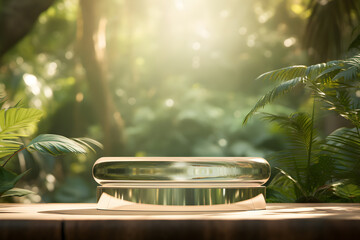  Glass Podium and Product against Tropical Forest - obrazy, fototapety, plakaty
