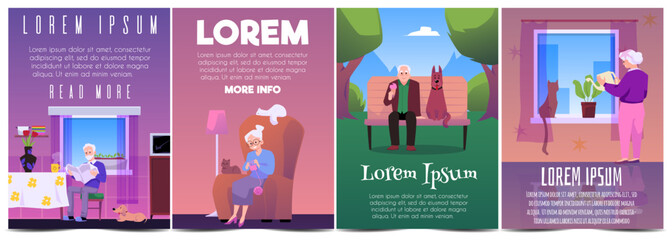 Happy lonely old people enjoy life with pet vector poster set, of leisure elderly women and men with dog or cat