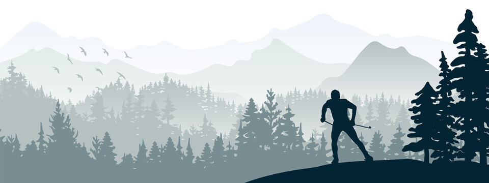 Cross-country-skiing in magical misty landscape. Mountains, forest in the background. Gray illustration. Man, skiing. Horizontal nature picture, banner. 