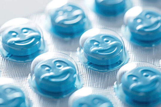 Pill tablet packaging featuring cheerful blue smiley face pills shaped like peapods