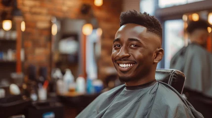 Gordijnen Black smiling man sitting in a barber shop and getting a haircut © Anzhela
