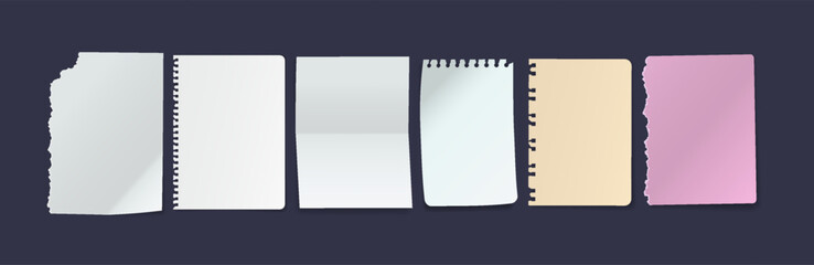 Blank notebook torn-out pages vector illustration set. Variety papers with mockup place 3d models on dark background. Writing memory notices