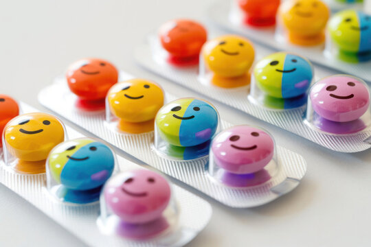 Pill tablet packaging featuring colorful rainbow smiley face pills shaped like peapods