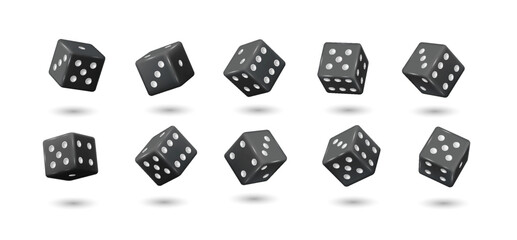 Flying black dices of casino realistic vector illustration set. Throwing cubes to win bet 3d elements on white background. Gambling games