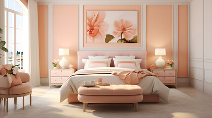 a hotel room in a classic style and in peach tones. A luxurious bedroom with a large bed