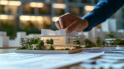 Fototapeta premium Architect finalizing a detailed scale model of a modern house design with precision tools on a well-lit drafting table in an office setting.