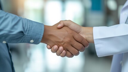 A professional doctor in a white coat extends a friendly handshake to a patient in a medical office, symbolizing a trustful agreement and a positive healthcare experience.