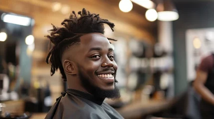 Poster Im Rahmen Black young smiling man sitting in a barbershop and getting a haircut © Anzhela