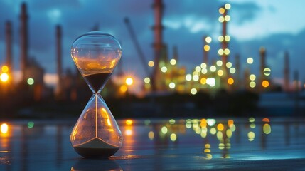 An hourglass with sand trickling down is in sharp focus in the foreground, symbolizing the passage of time, with the blurred image of an industrial oil refinery operating in the background.