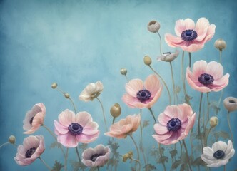 Fototapeta na wymiar Delicate drawing of blooming poppies on a blue background