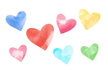 Watercolor multicolored hearts illustration isolated blue, turquoise, red, pink, yellow, green