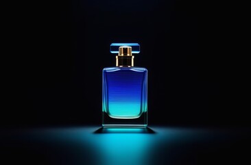 glass perfume bottle with a colored luminescent glow, the concept of a fashionable mystical unisex perfume on a black background, copy space