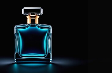 glass perfume bottle with a colored luminescent glow, the concept of a fashionable mystical unisex perfume on a black background, copy space