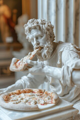 A surreal photograph of a highly realistic marble statue enjoying a pizza, all crafted from marble